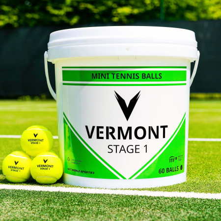 Vermont Stage 1 Tennis Balls Bucket on Court | Net World Sports